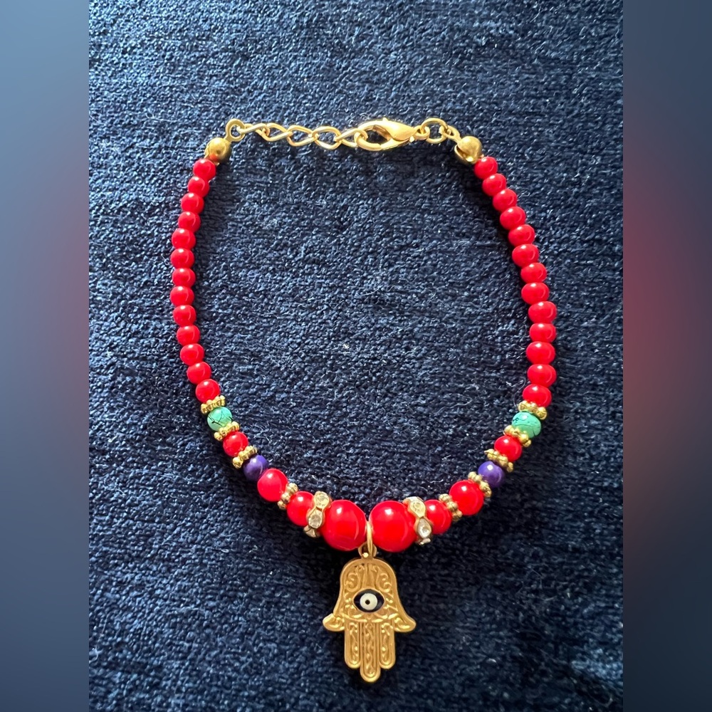 Turkish Red and Gold Beaded Hamsa Bracelet